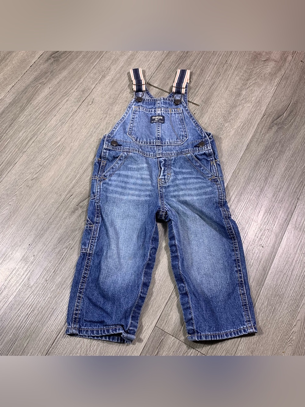 OshKoshBGosh Denim Overalls w/ Red Patriotic Straps Legs Fully Open size 18M
